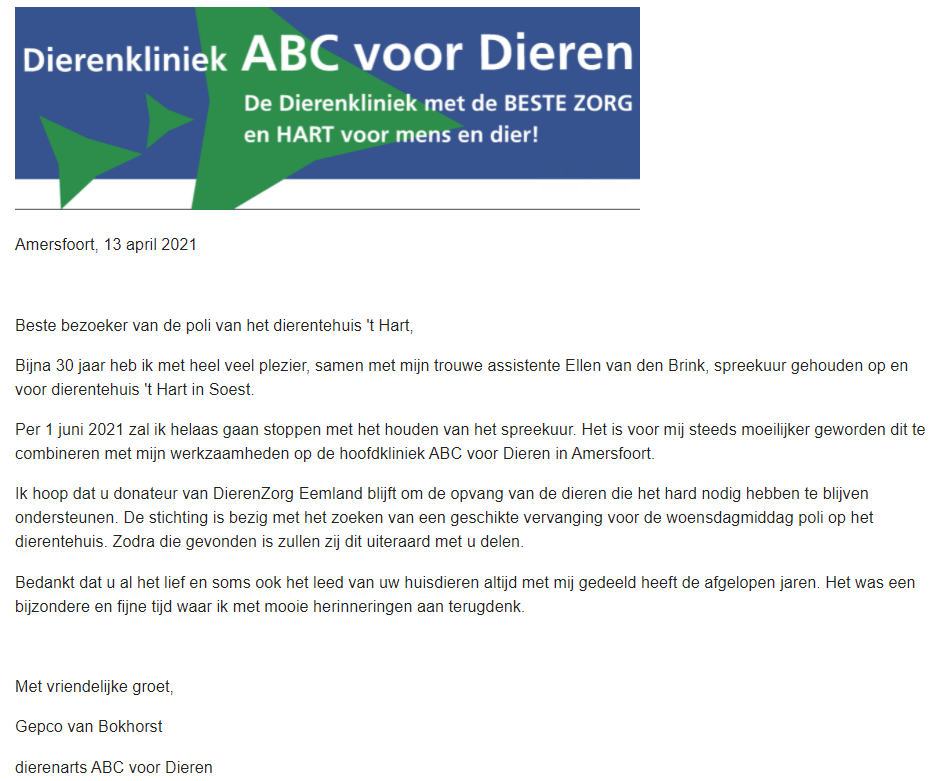 Dierenarts Gepco stopt in verband met drukte van de werkzaamheden bij hoofdkliniek ABC voor Dieren in Amersfoort. 